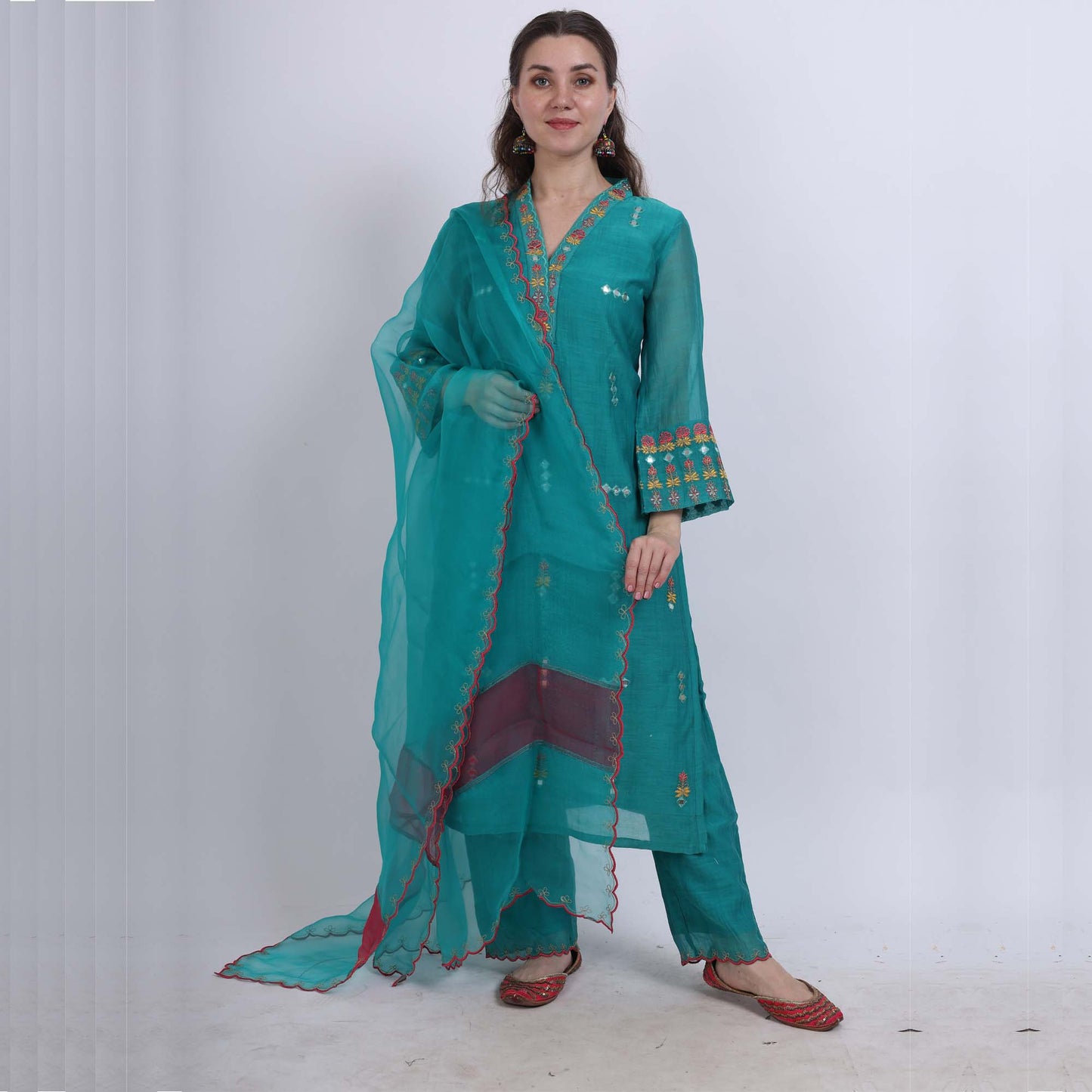 Chanderi embroidered set with organza dupatta