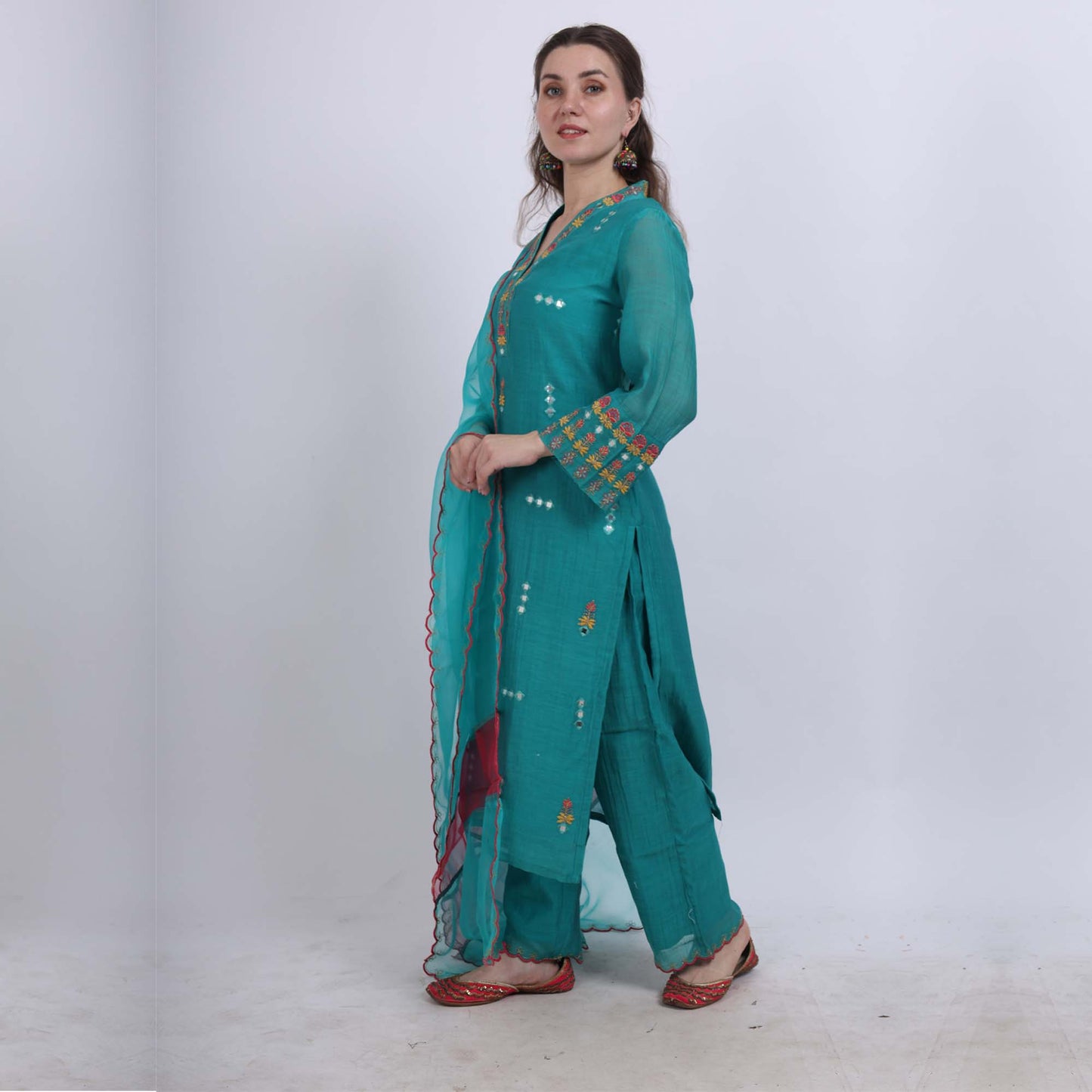 Chanderi embroidered set with organza dupatta