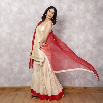 Off white Tissue Chanderi gota work Sharara Set with red dupatta