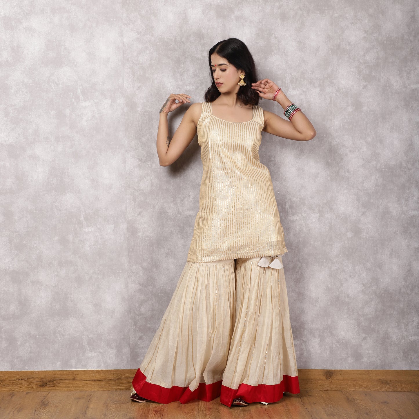 Off white Tissue Chanderi gota work Sharara Set with red dupatta