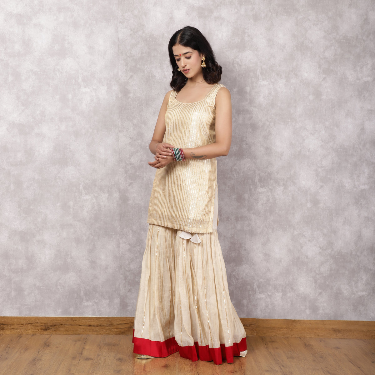 Off white Tissue Chanderi gota work Sharara Set with red dupatta