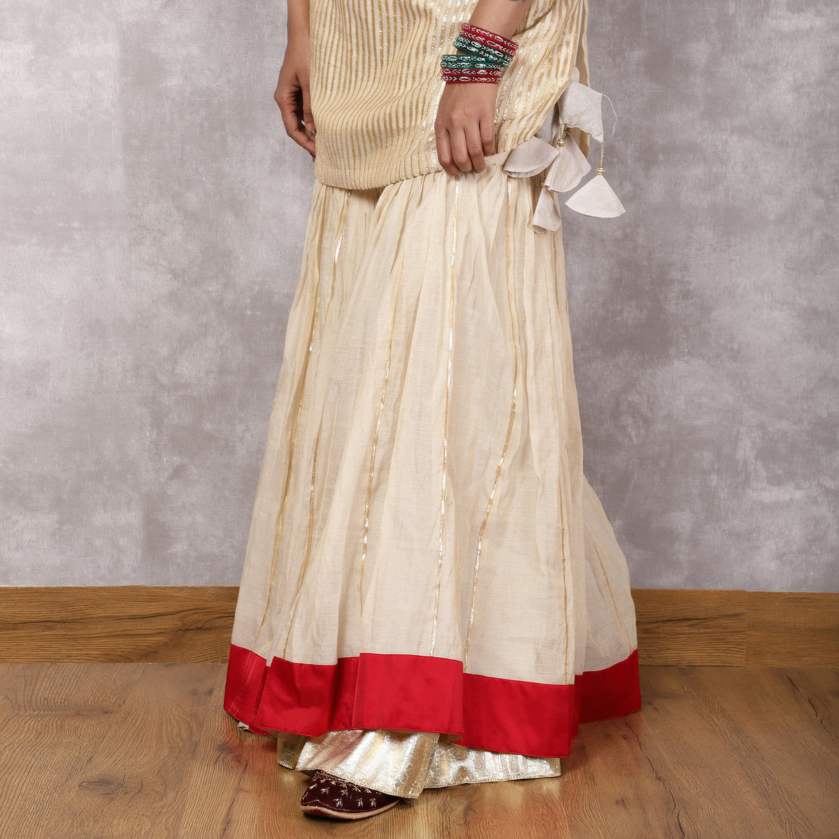 Off white Tissue Chanderi gota work Sharara Set with red dupatta