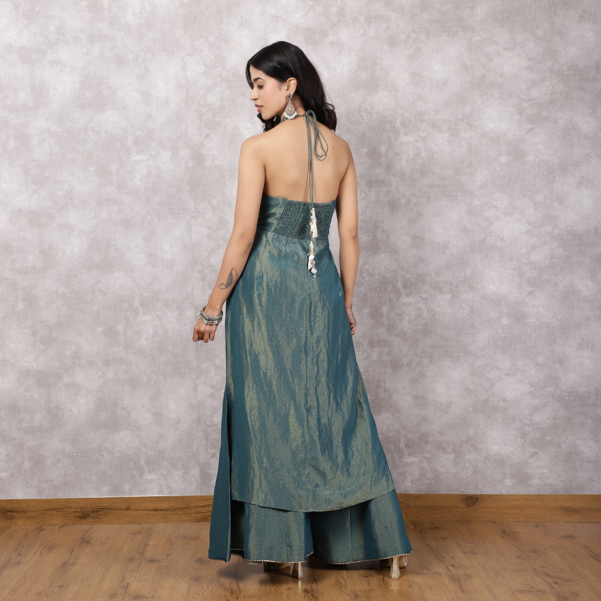 Teal Shimmer Georgette Halter Neck Kurta Set
