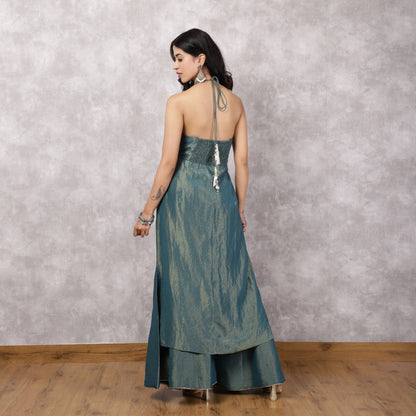 Teal Shimmer Georgette Halter Neck Kurta Set