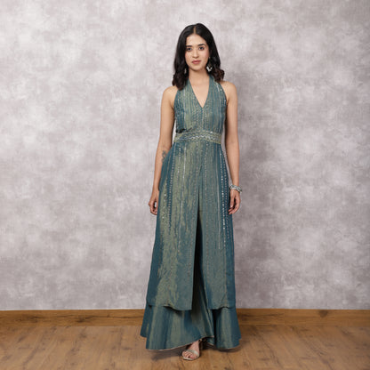 Teal Shimmer Georgette Halter Neck Kurta Set