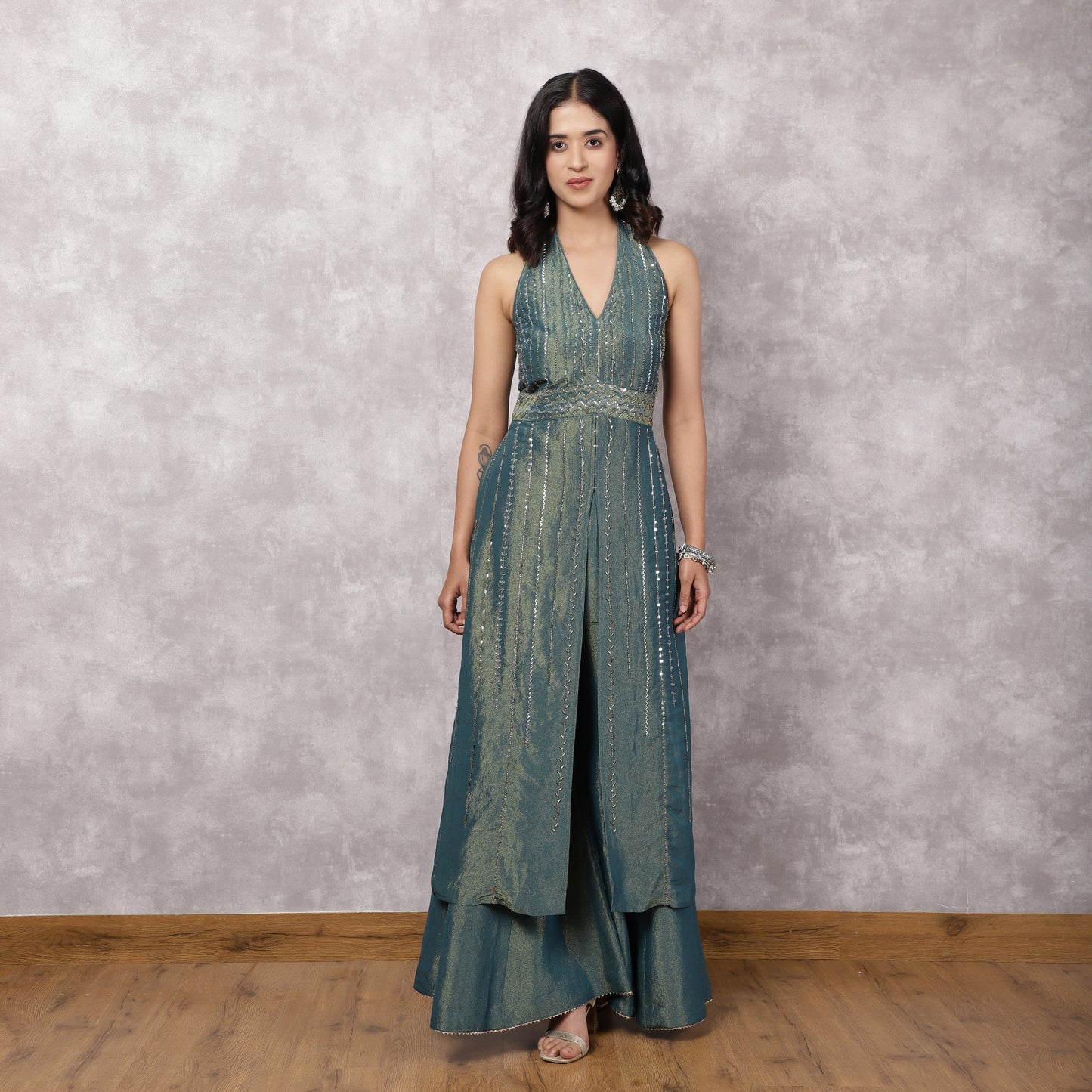 Teal Shimmer Georgette Halter Neck Kurta Set with Dupatta