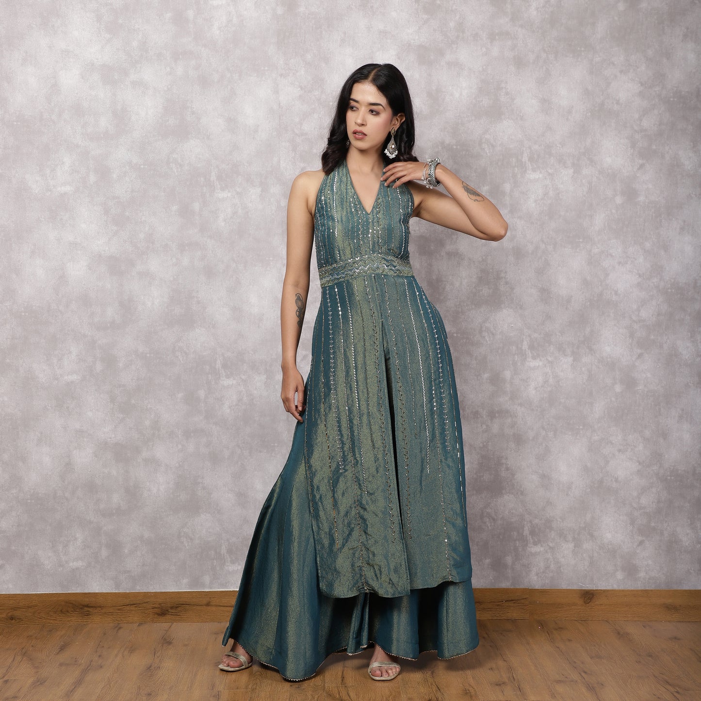 Teal Shimmer Georgette Halter Neck Kurta Set