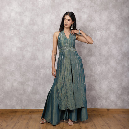 Teal Shimmer Georgette Halter Neck Kurta Set with Dupatta