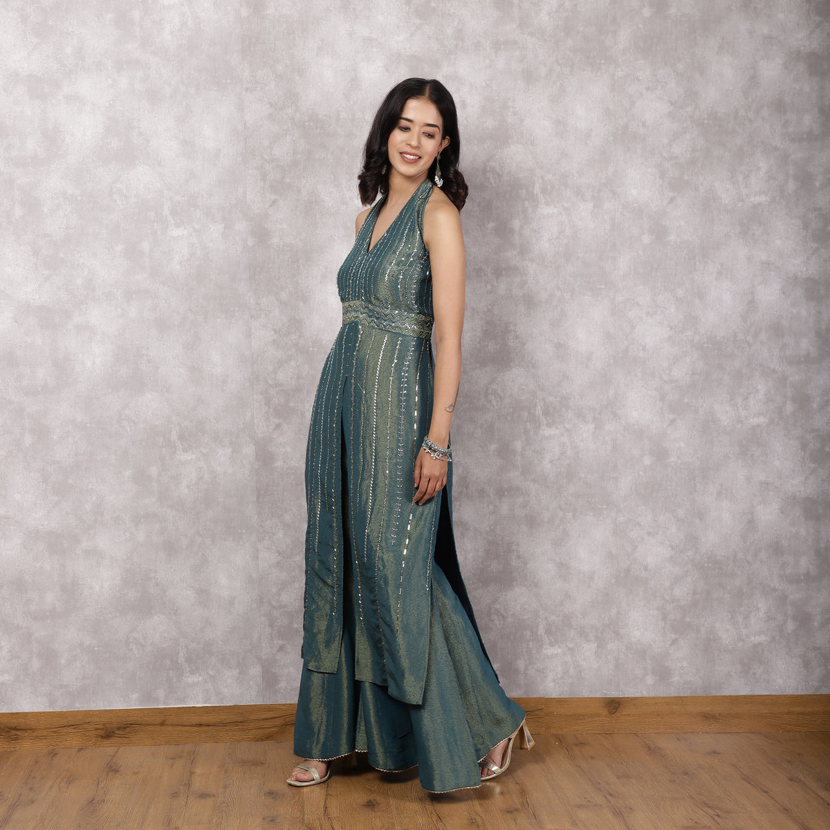 Teal Shimmer Georgette Halter Neck Kurta Set