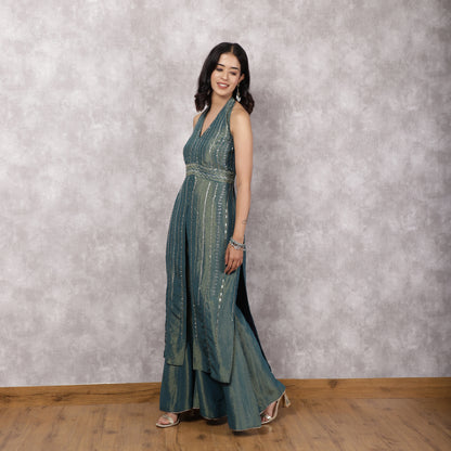 Teal Shimmer Georgette Halter Neck Kurta Set