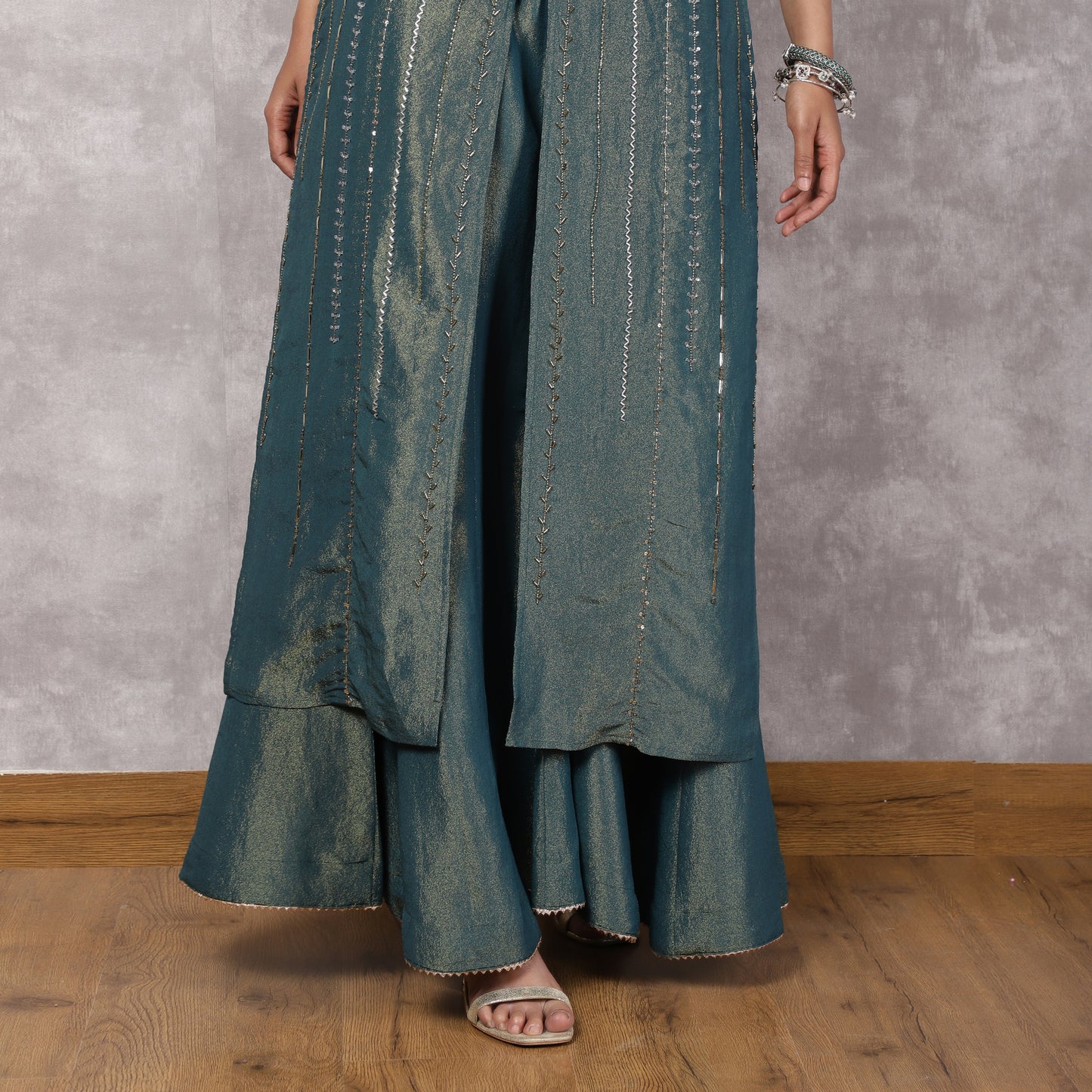 Teal Shimmer Georgette Halter Neck Kurta Set