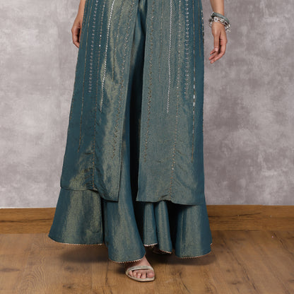 Teal Shimmer Georgette Halter Neck Kurta Set