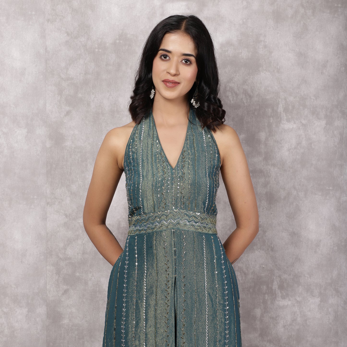 Teal Shimmer Georgette Halter Neck Kurta Set