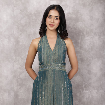 Teal Shimmer Georgette Halter Neck Kurta Set
