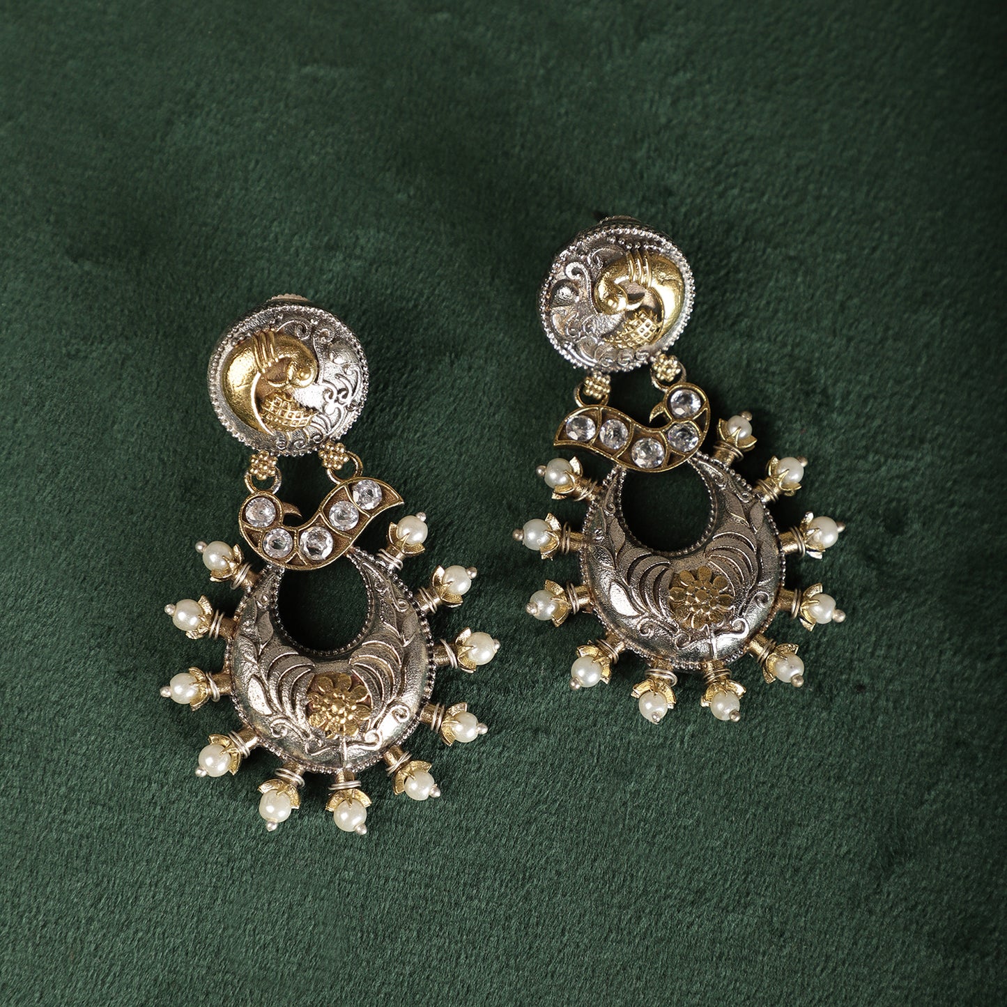 Dual-Tone Tribal Fusion Statement Earrings - Silver and Gold Close-up - Spring Soul