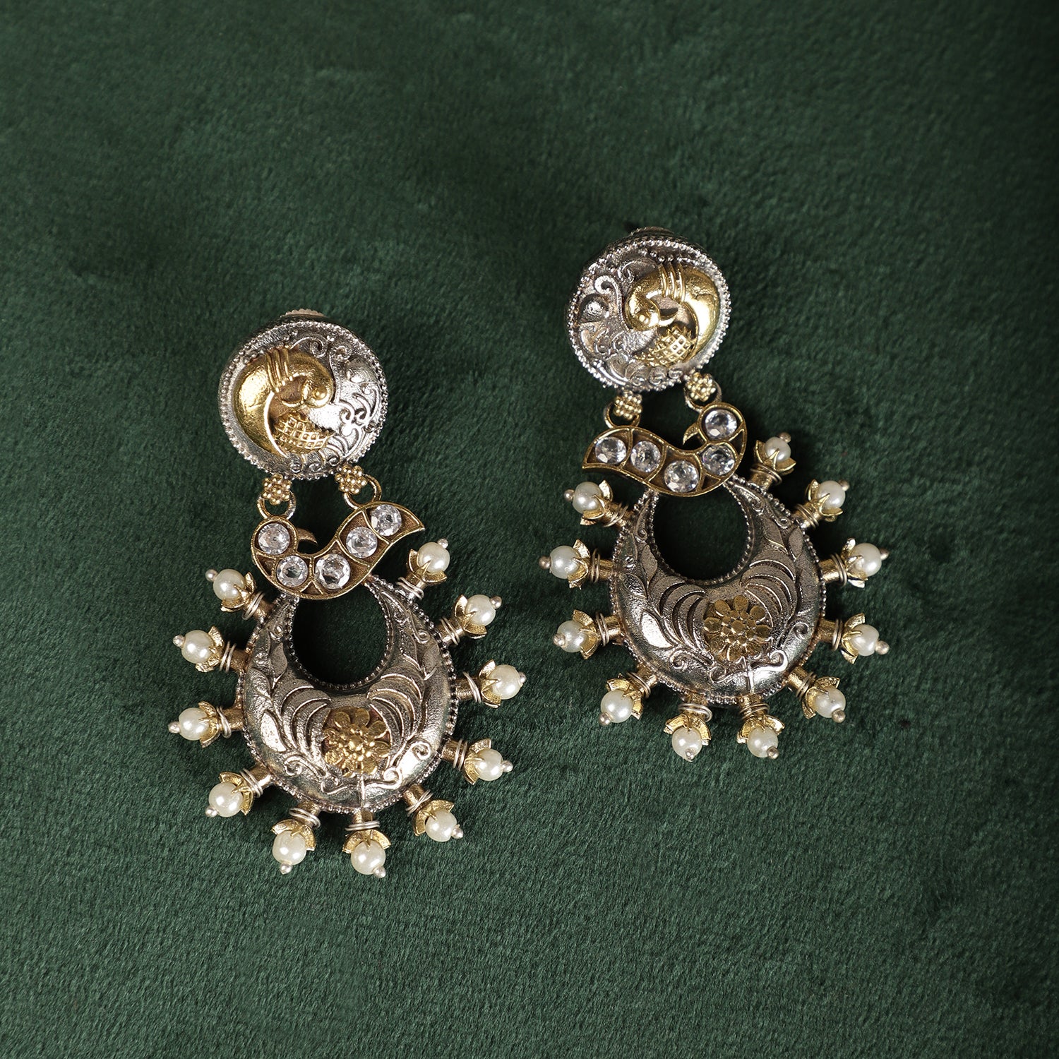 Dual-Tone Tribal Fusion Statement Earrings - Silver and Gold Close-up - Spring Soul