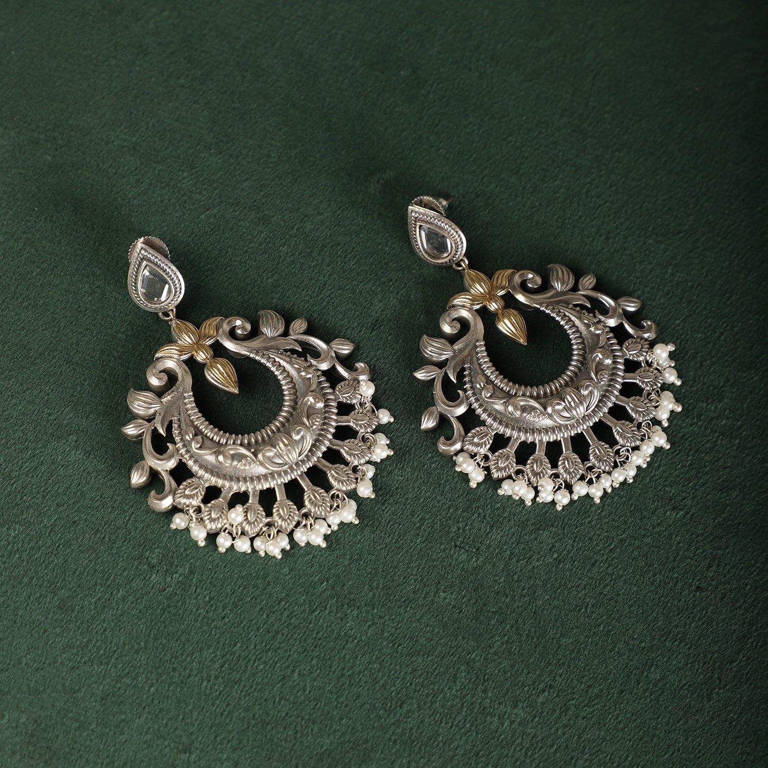 Silver Dual Toned Chandbalis - Floral Vine Pattern Close-up - Spring Soul