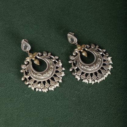 Silver Dual Toned Chandbalis - Floral Vine Pattern Close-up - Spring Soul