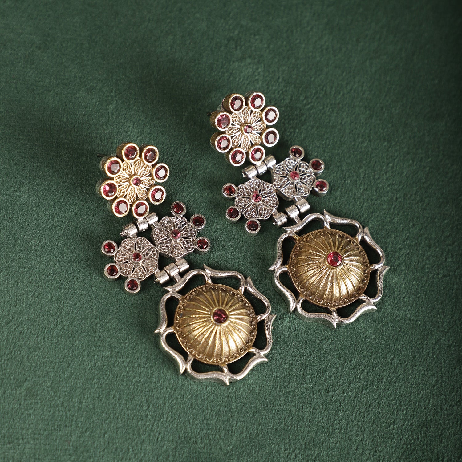 Ruby Regal Dual-Toned Earrings - Ruby Stone Gold Close-up - Spring Soul