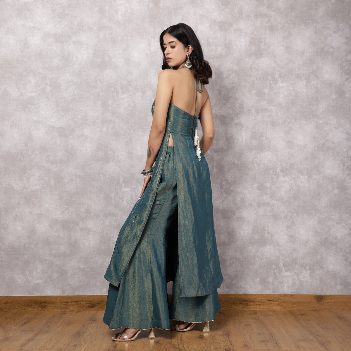 Teal Shimmer Georgette Halter Neck Kurta Set