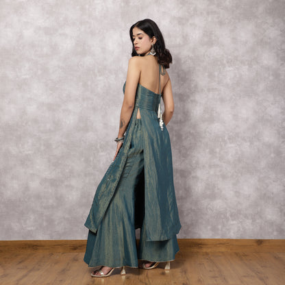 Teal Shimmer Georgette Halter Neck Kurta Set