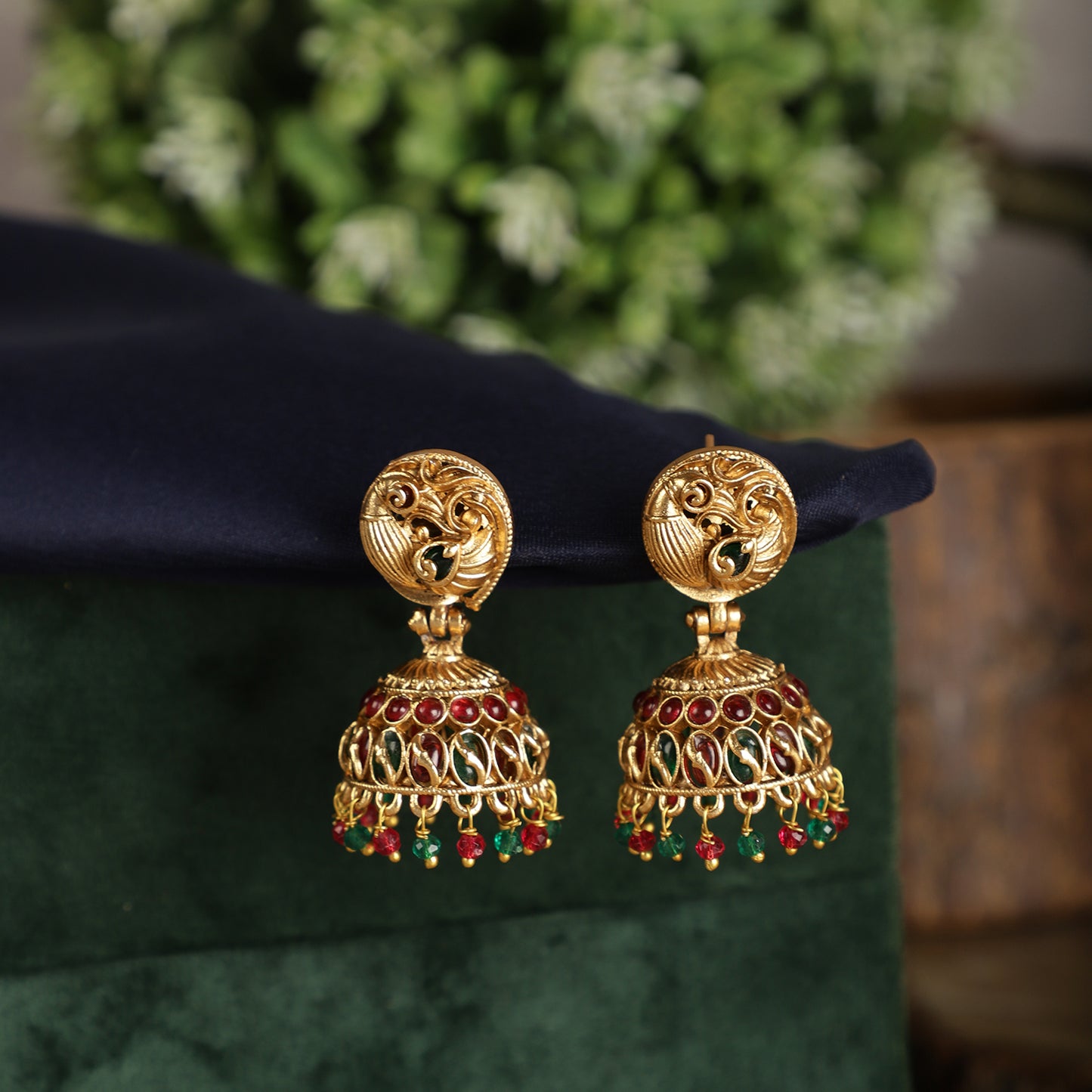 Gold-Toned Jhumki Earrings - Peacock Stud - Spring Soul