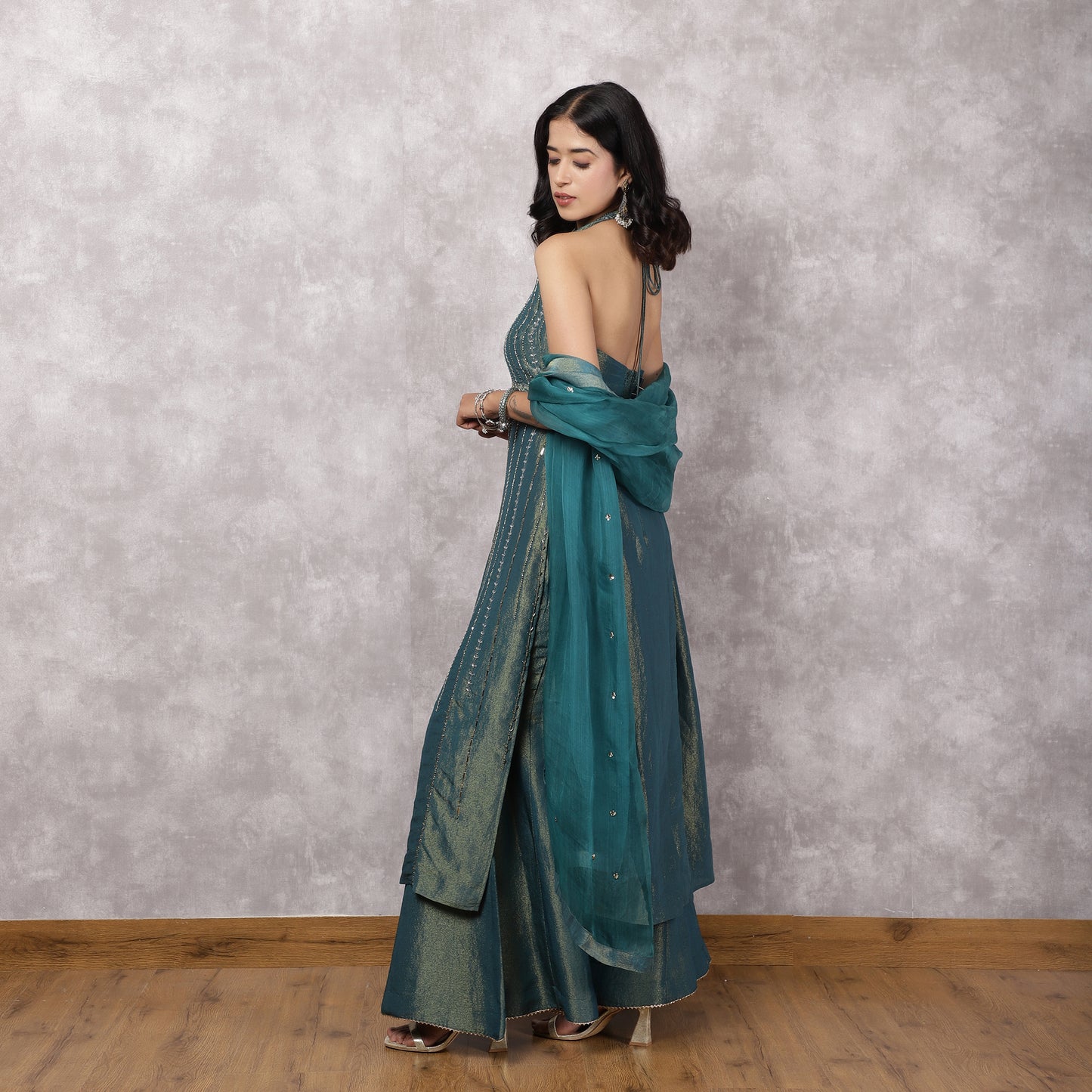 Teal Shimmer Georgette Halter Neck Kurta Set with Dupatta