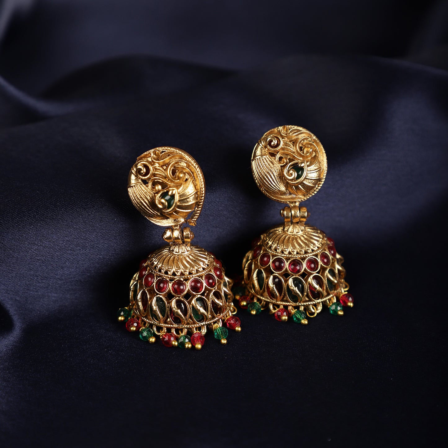 Gold-Toned Jhumki Earrings - Peacock Stud Close-up - Spring Soul