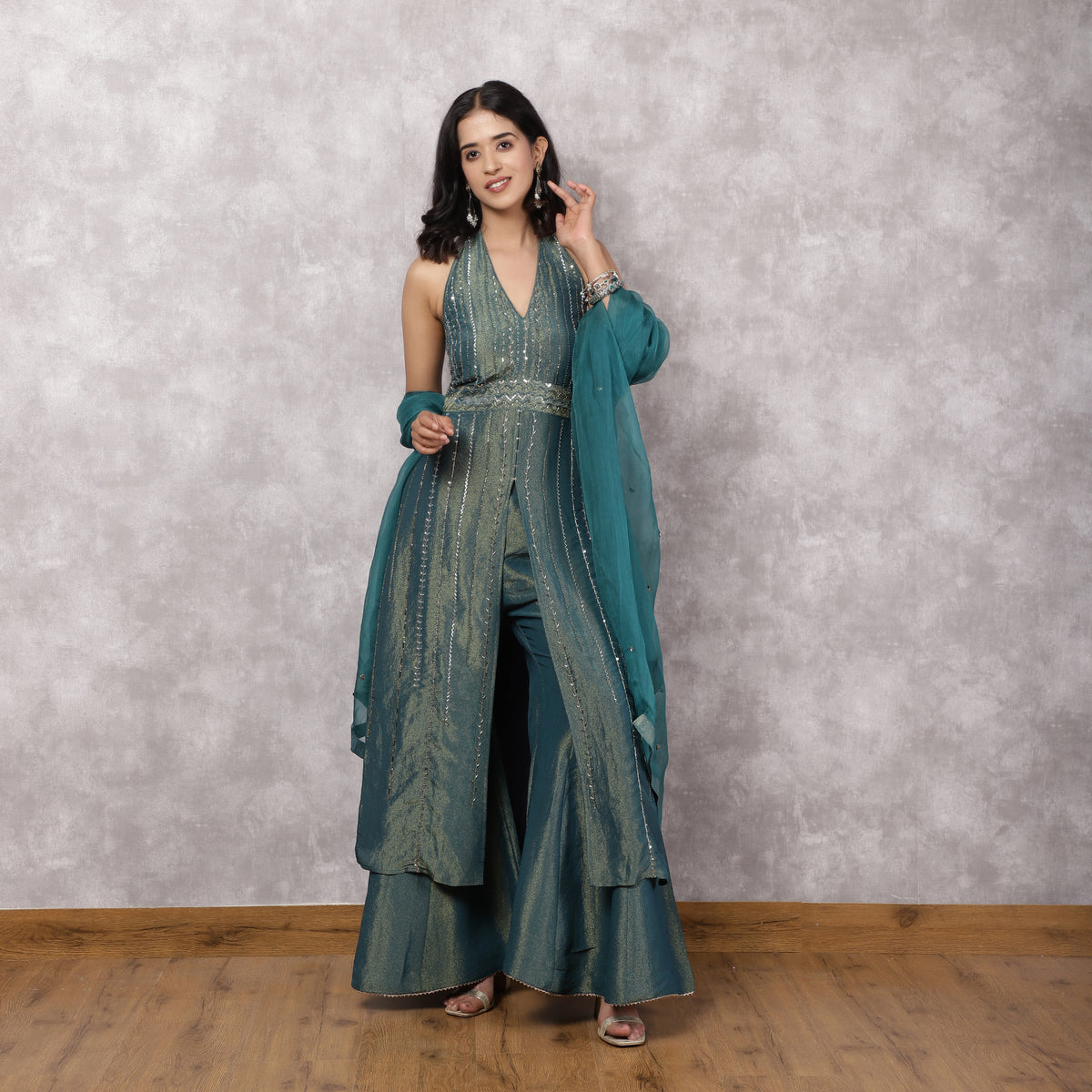 Teal Shimmer Georgette Halter Neck Kurta Set with Dupatta