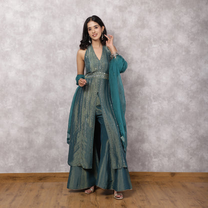 Teal Shimmer Georgette Halter Neck Kurta Set with Dupatta