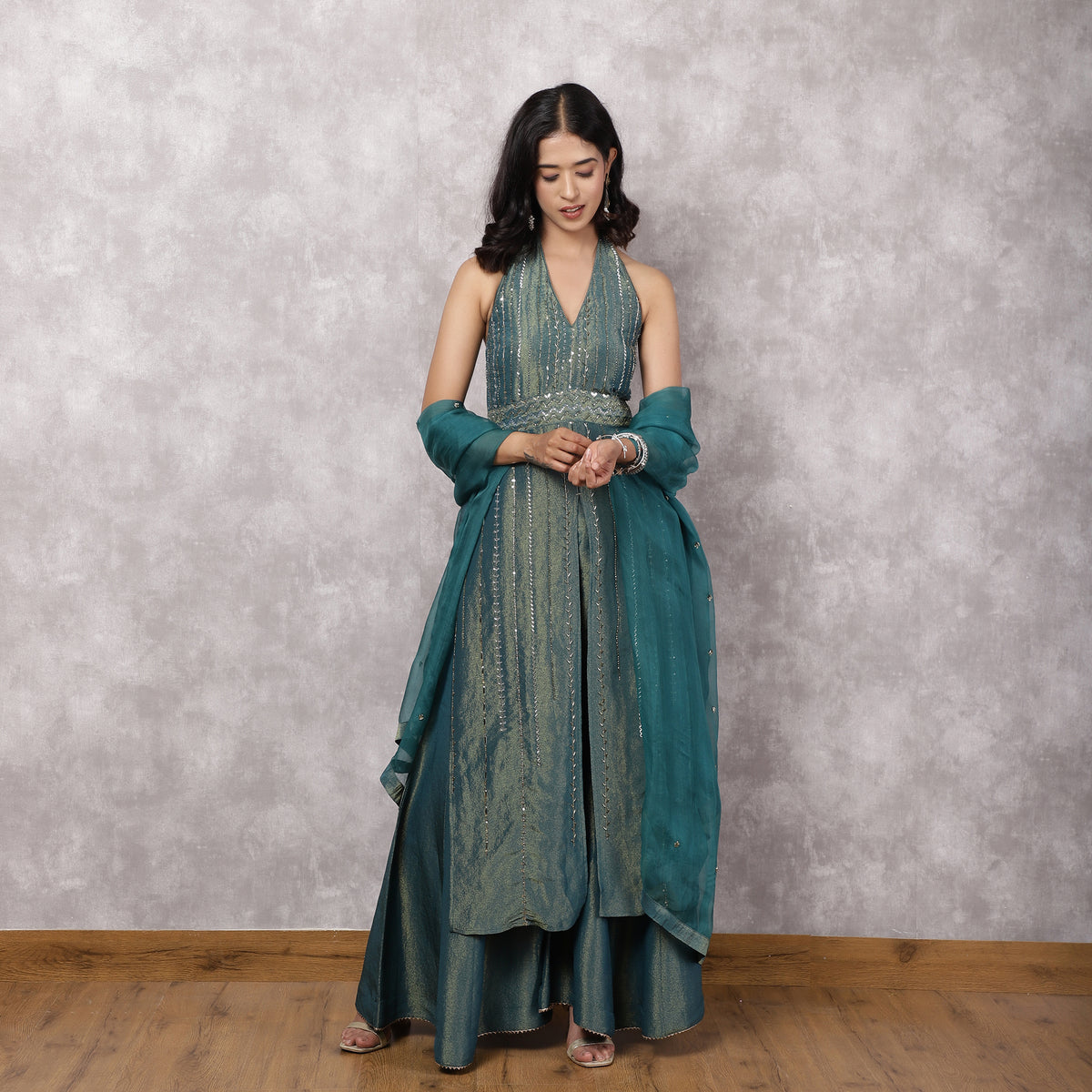 Teal Shimmer Georgette Halter Neck Kurta Set with Dupatta