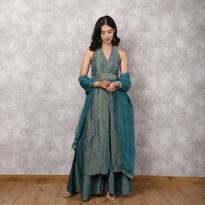 Teal Shimmer Georgette Halter Neck Kurta Set with Dupatta