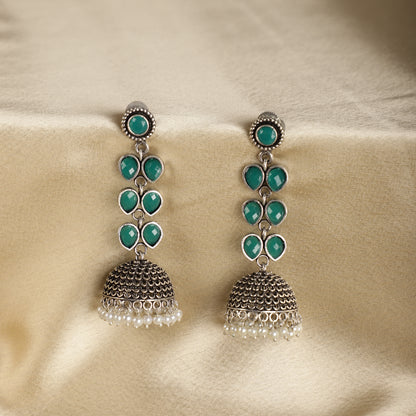 Emerald Green Drop Jhumkas - Antique Finish Close-up - Spring Soul
