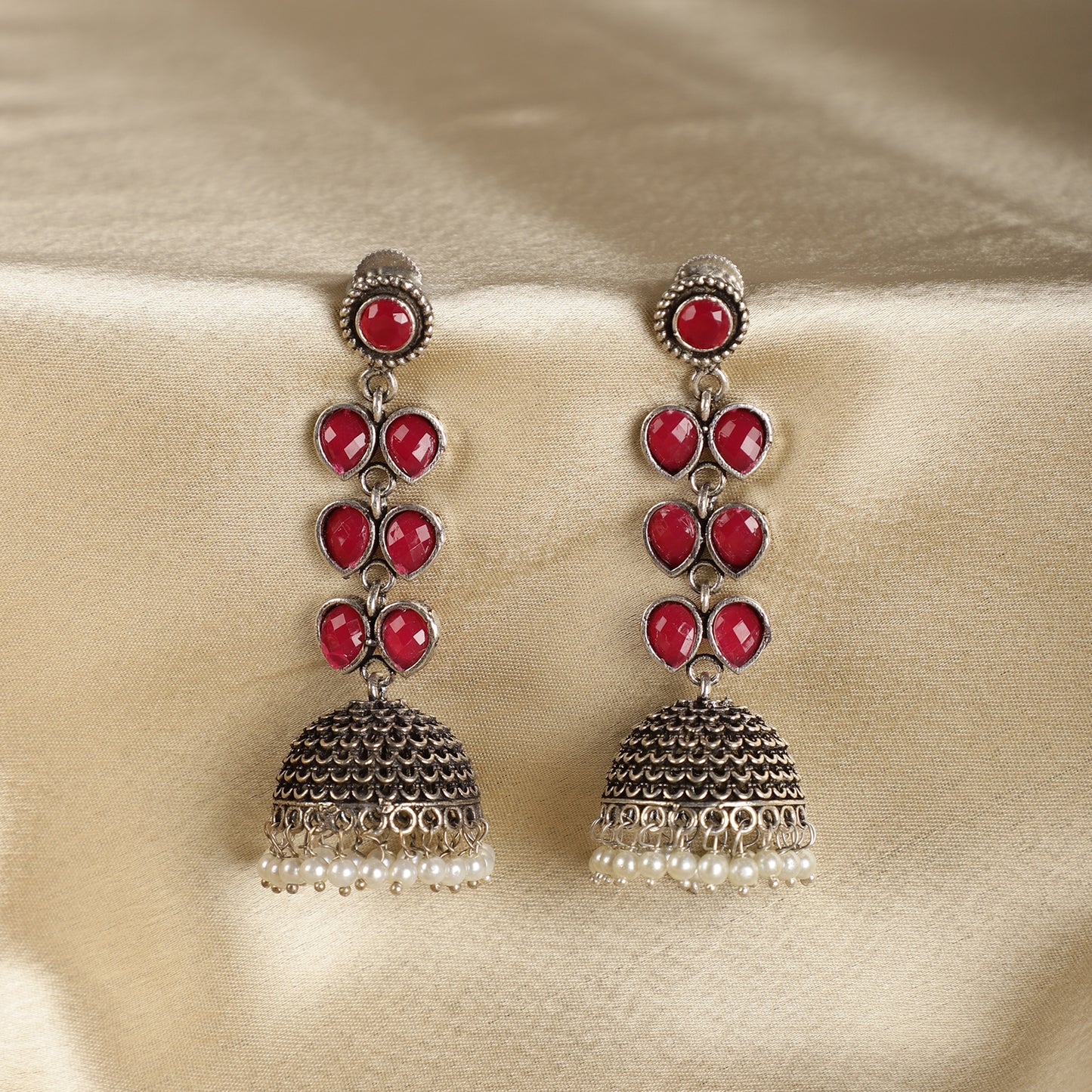 Ruby Drop Jhumkas - Antique Finish - Spring Soul