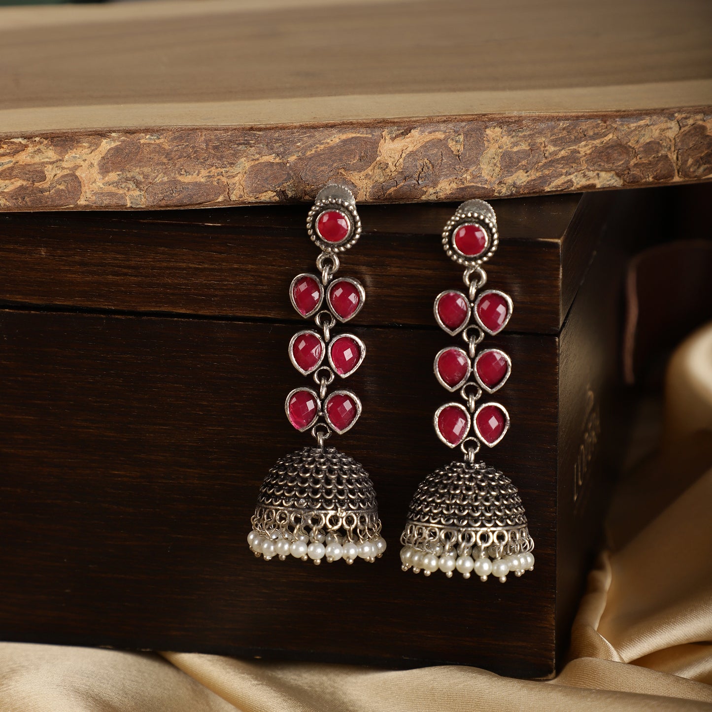 Ruby Drop Jhumkas - Antique Finish Close-up - Spring Soul
