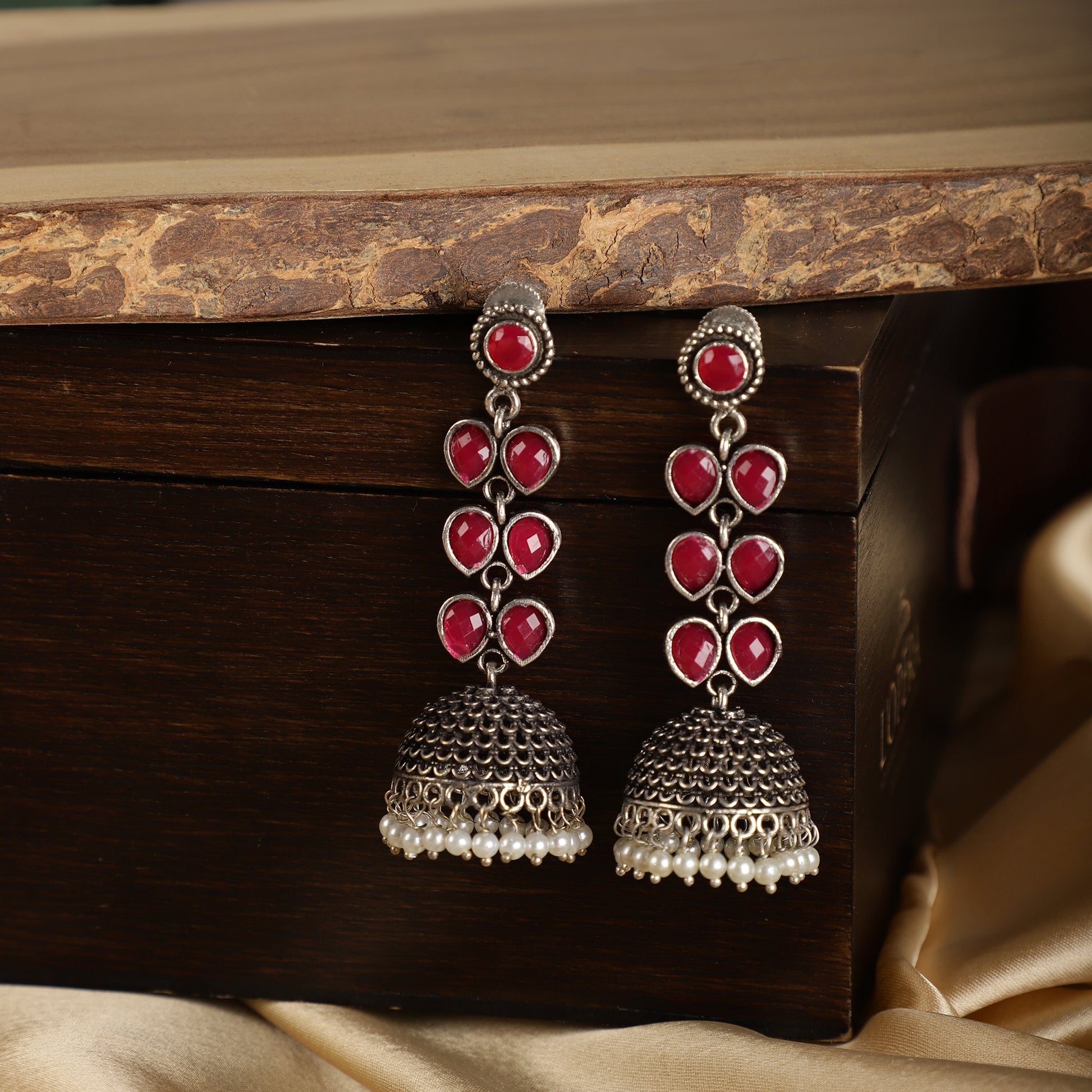 Ruby Drop Jhumkas - Antique Finish Close-up - Spring Soul