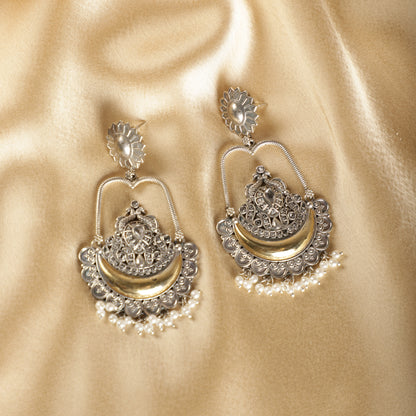 Dual-Tone Statement Chandbalis - Silver and Gold Filigree Close-up - Spring Soul
