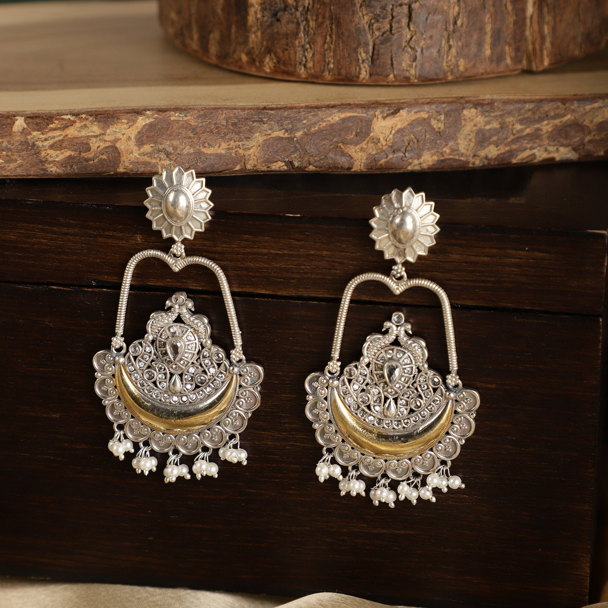 Dual-Tone Statement Chandbalis - Silver and Gold Filigree - Spring Soul