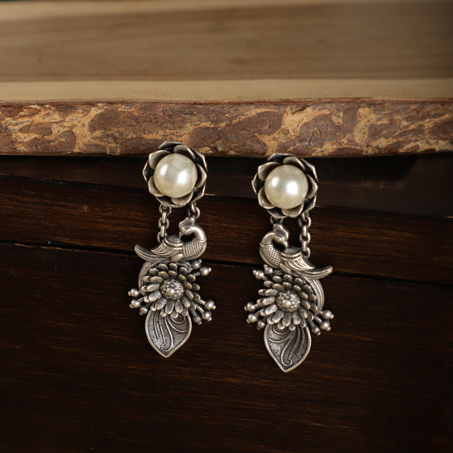 Silver Pearl Earrings - Peacock and Pearl Close-up - Spring Soul
