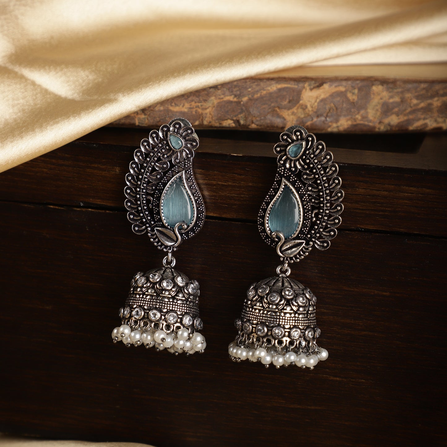 Stone Studded Aqua Jhumka - Peacock Pattern Close-up - Spring Soul