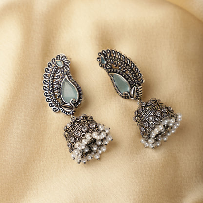 Stone Studded Aqua Jhumka - Peacock Pattern - Spring Soul