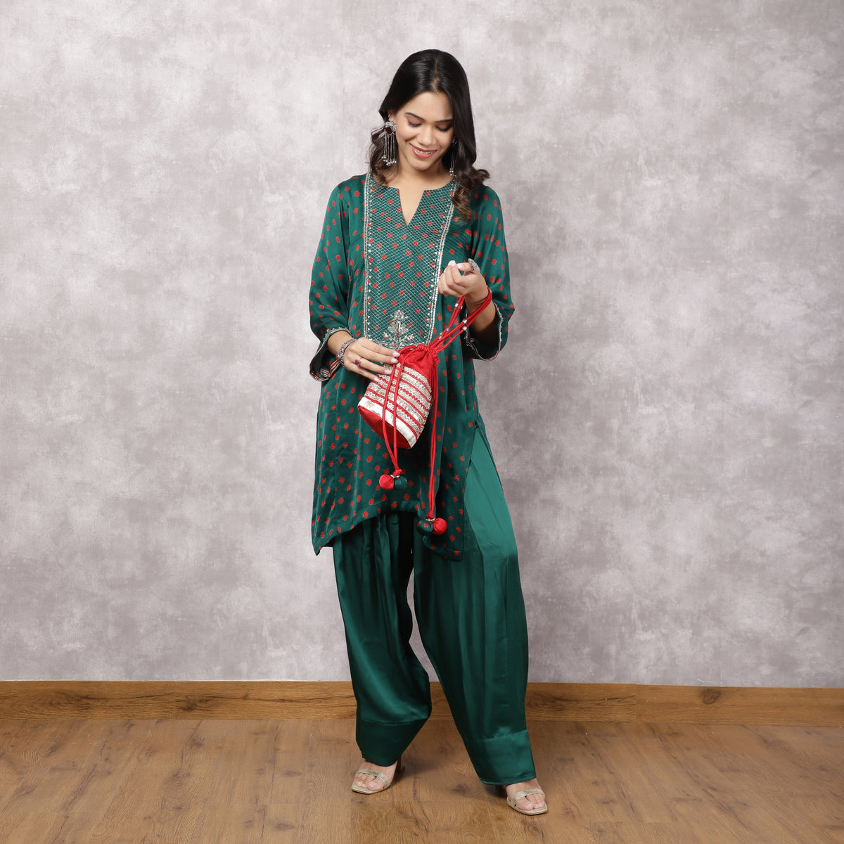 Green Bandhani kurta with Hand Embroidered Yoke