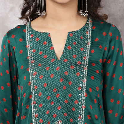Green Bandhani kurta with Hand Embroidered Yoke