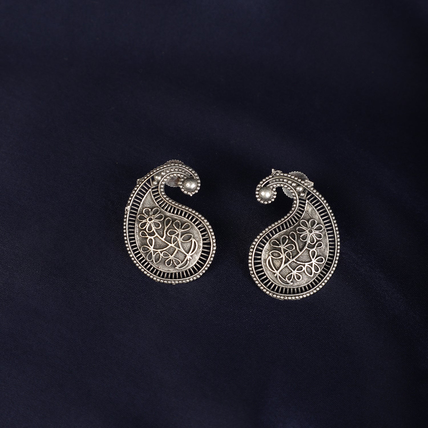 Oxidized Paisley Floral Studs - Antique Finish Close-up - Spring Soul
