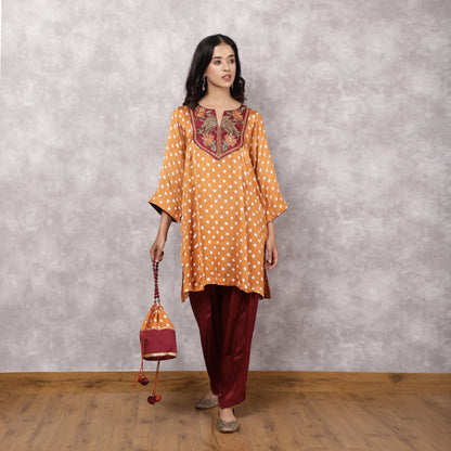 Orange Bandhani Suit Set with Hand Embroidered Yoke