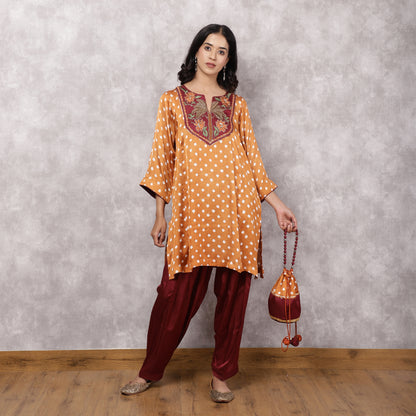 Orange Bandhani Suit Set with Hand Embroidered Yoke