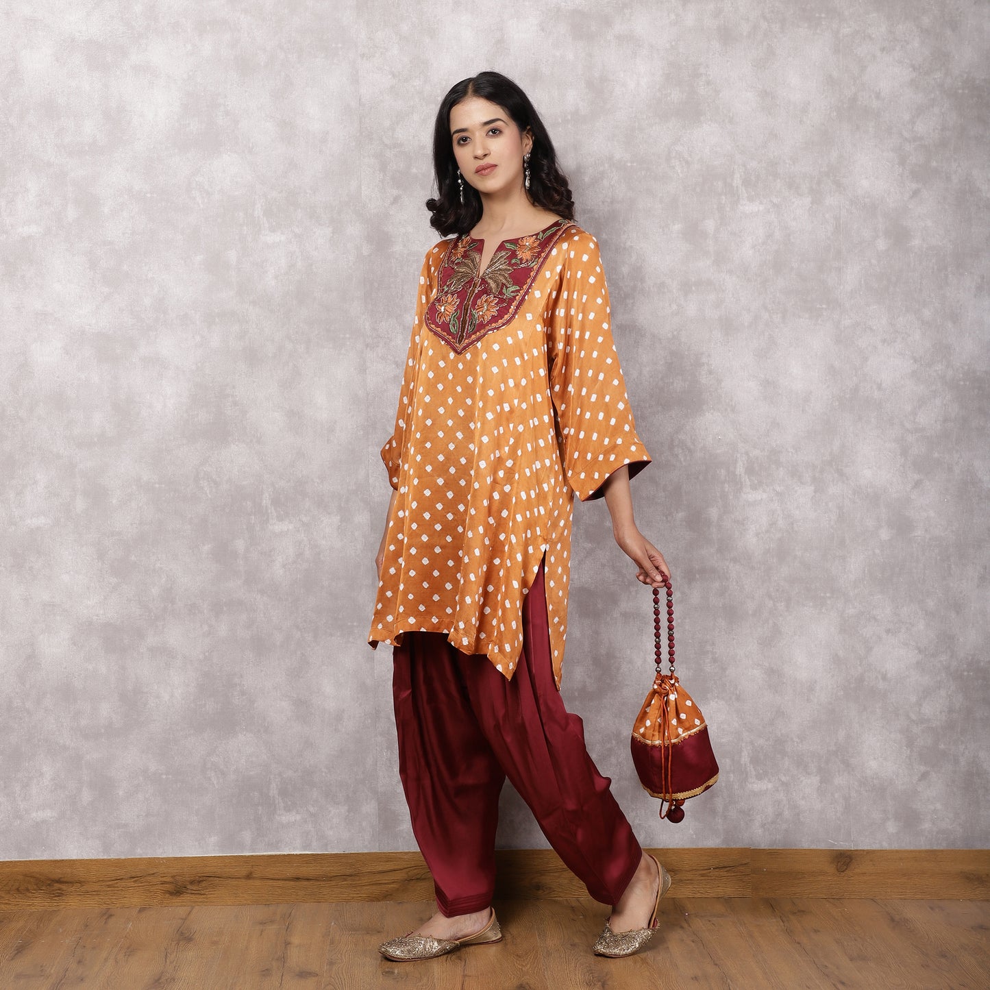 Orange Bandhani Suit Set with Hand Embroidered Yoke