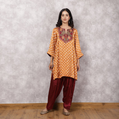Orange Bandhani Suit Set with Hand Embroidered Yoke
