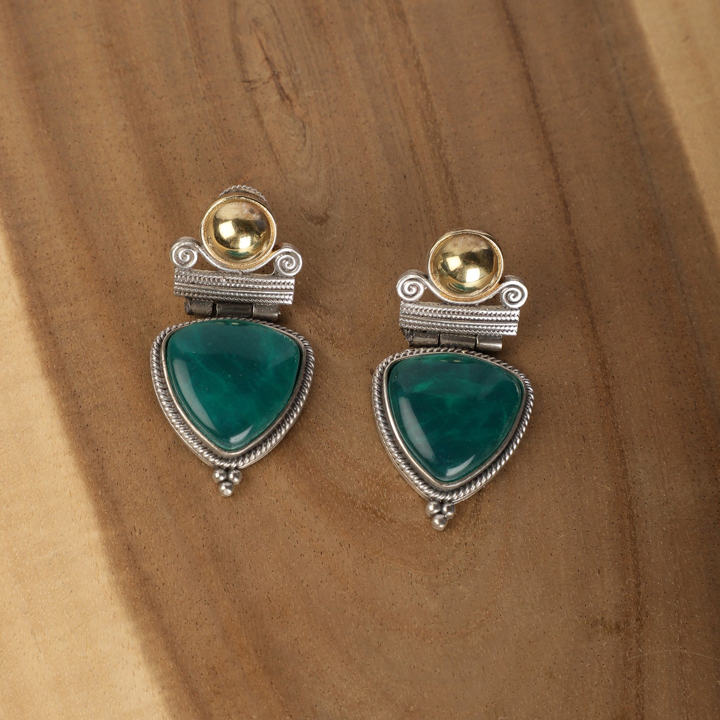 Green Stone Earring Drops - Teal Stone Dual-Tone Close-up - Spring Soul