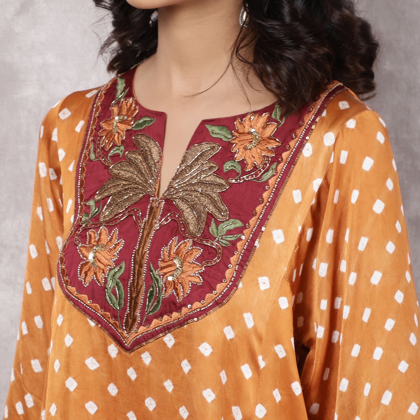 Orange Bandhani Suit Set with Hand Embroidered Yoke